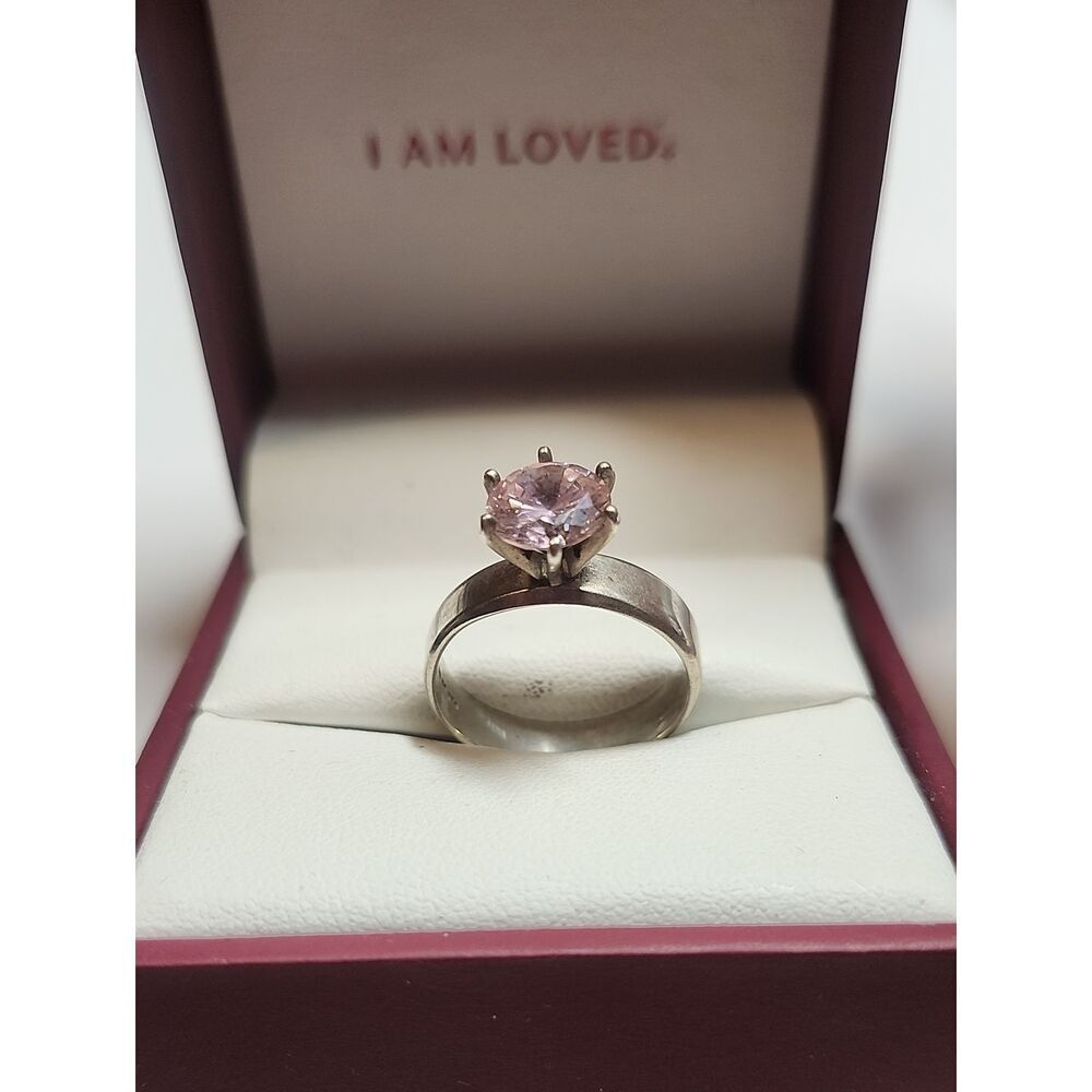 Sterling Silver Pink Solitaire High Crown Ring  Elegant Pink Glass Stone Size 8